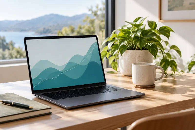 A laptop displaying an abstract chart beside a notebook.