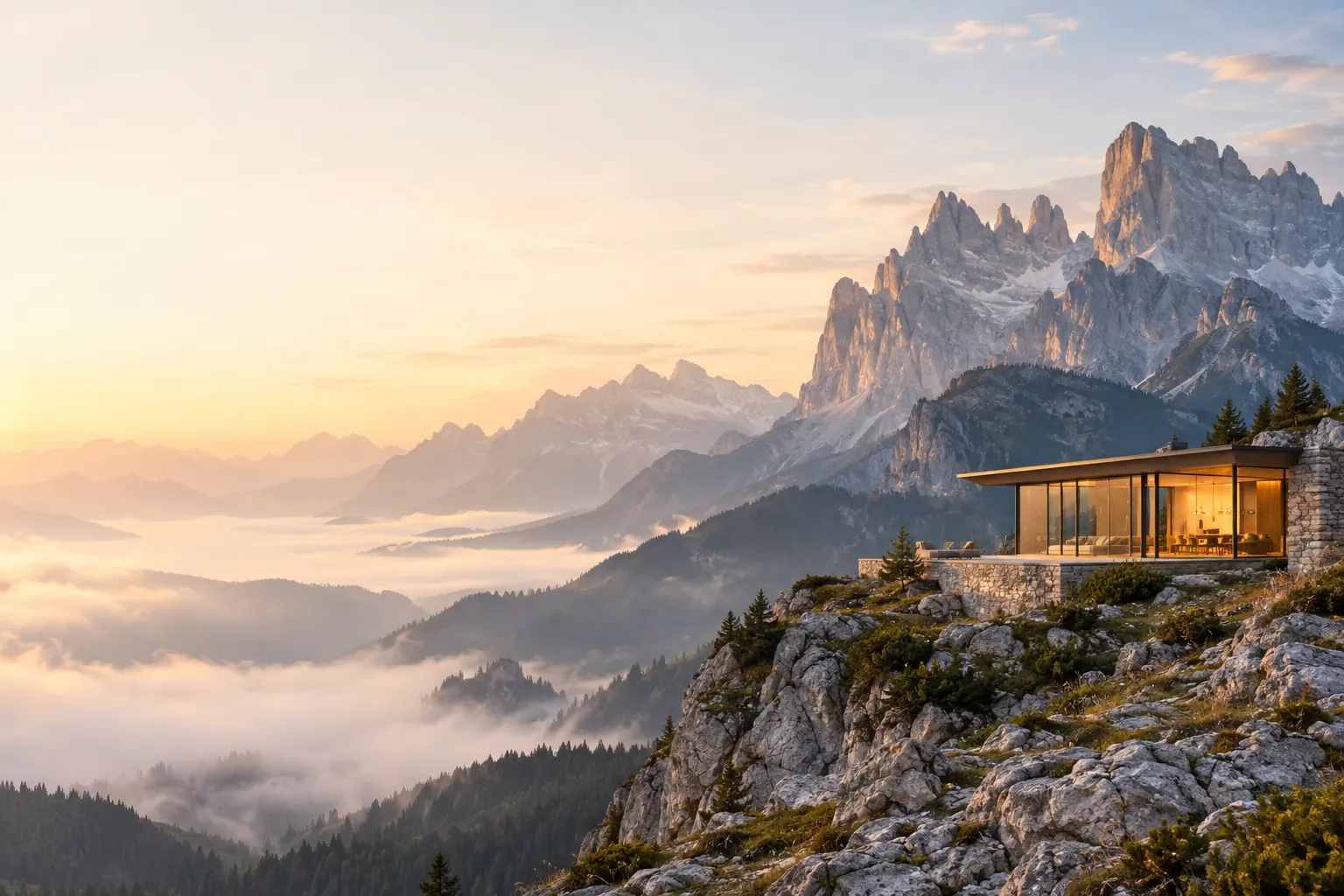An illuminated modern pavilion overlooking an alpine valley at sunset.