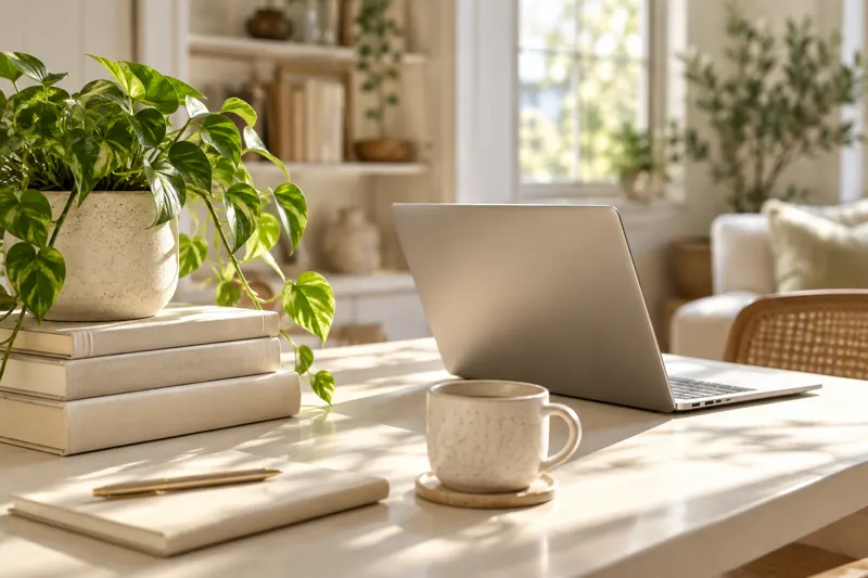 Books, a plant and laptop on a sunlit desk.