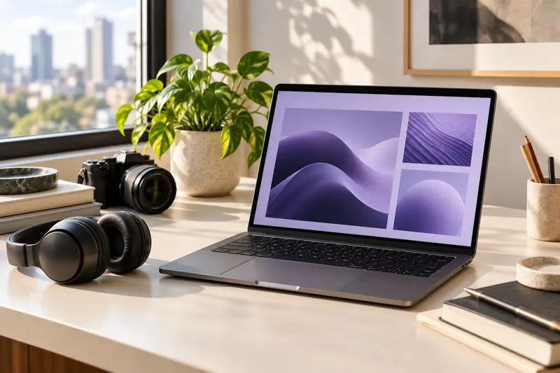 A laptop, camera and headphones arranged on a desk.