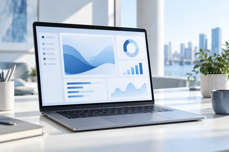 A laptop displaying abstract software panels on a bright desk.