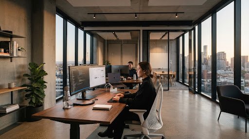 Tabaix Studio Workspace modern architectural interior with concrete walls and multi-monitor workstations