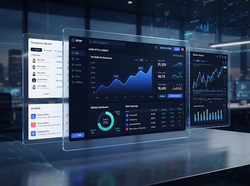 Aura Intelligence software telemetry interface displaying live financial charts and risk heatmaps