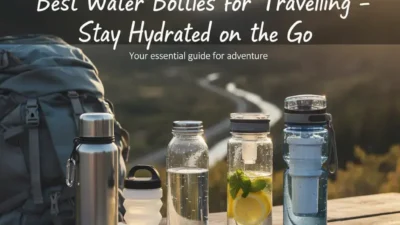 A collection of stylish and durable travel water bottles arranged on a map with travel essentials, symbolizing hydration while travelling.