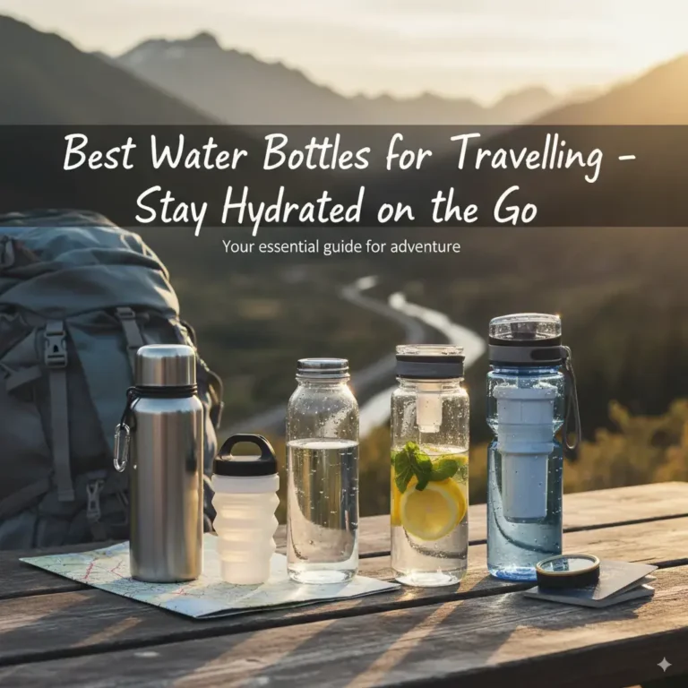 A collection of stylish and durable travel water bottles arranged on a map with travel essentials, symbolizing hydration while travelling.