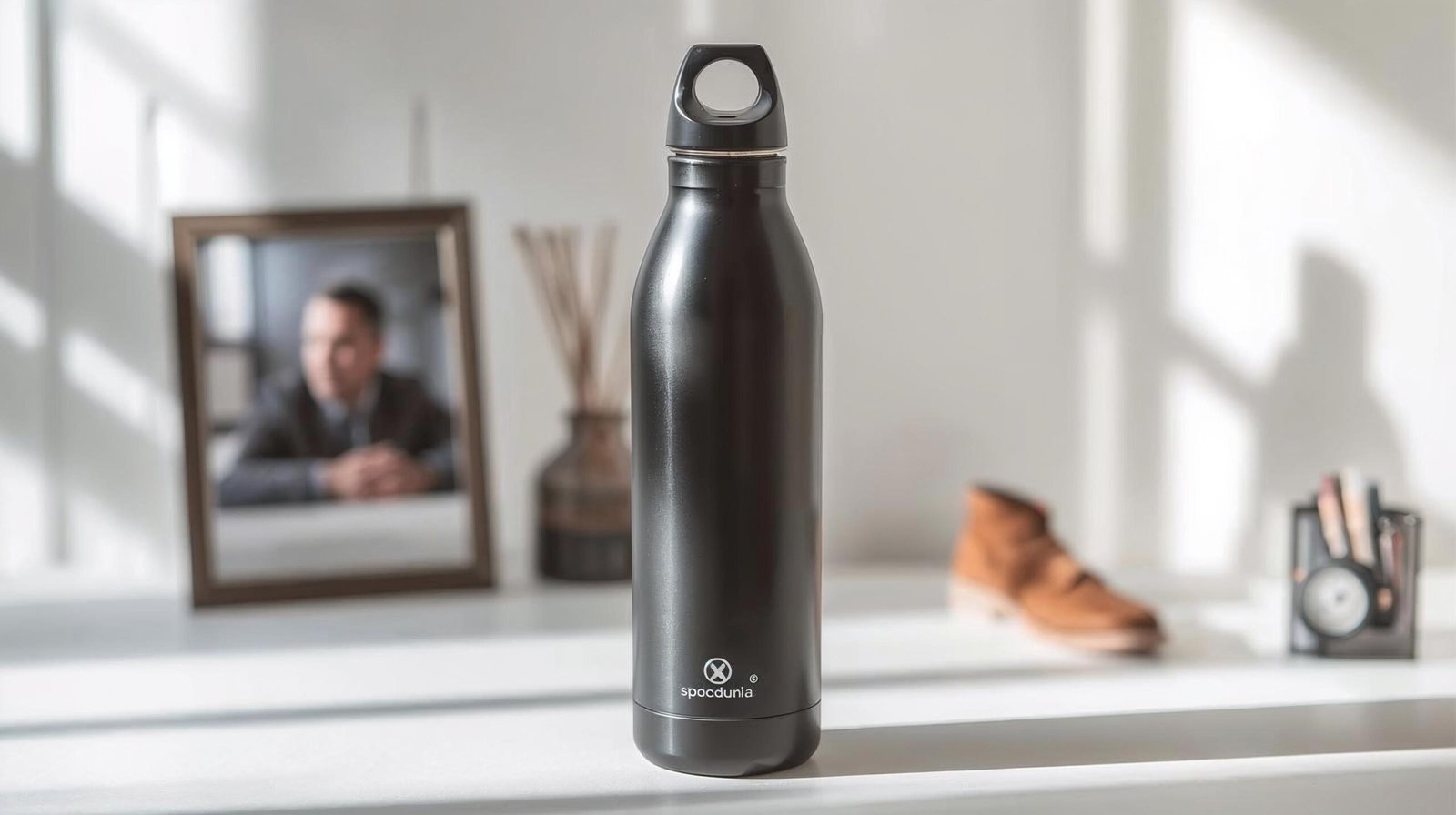 This image showing a a black color steelnless bottle on a desk and the image is click by backcamera around the area is blurd and a shose and photoframe showing this image