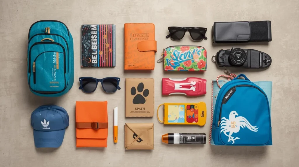Pet travel gear essentials including airline-approved pet carrier, travel water bottle, car safety harness, and portable pet bed for dogs and cats