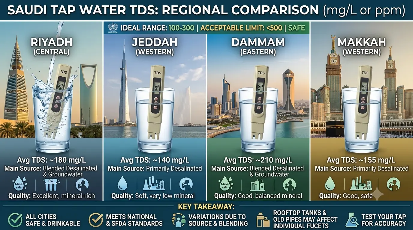 Saudi Tap Water TDS: Riyadh vs Jeddah vs Dammam vs Makkah (2026)