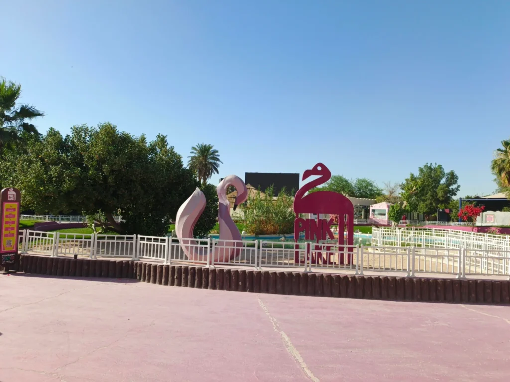 Pink Lake zone entrance at Riyadh Zoo featuring large flamingo sculptures and pink flooring with real flamingos visible in background