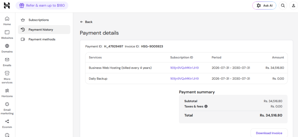 Hostinger invoice HSG-9005923 showing PKR 34,516.80 paid for 4-year Business Web Hosting plan July 2026 to July 2030 with PKR 75,835 discount applied
