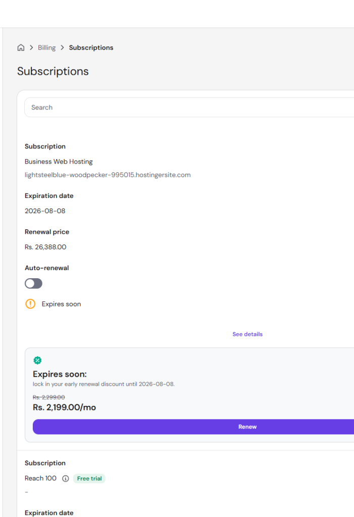 Hostinger hPanel billing page showing Business Web Hosting subscription expiring 2026-08-08 with Rs. 26,388 annual renewal price and cancellation warning