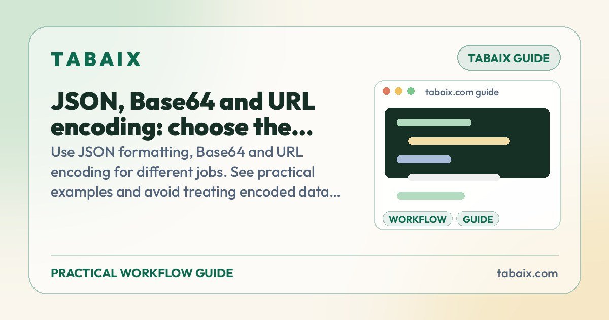 JSON, Base64 and URL encoding: choose the right transformation — a practical guide by Tabaix. Use JSON formatting, Base64 and URL encoding for different jobs. See practical examples and avoid treating encoded data as encrypted data.