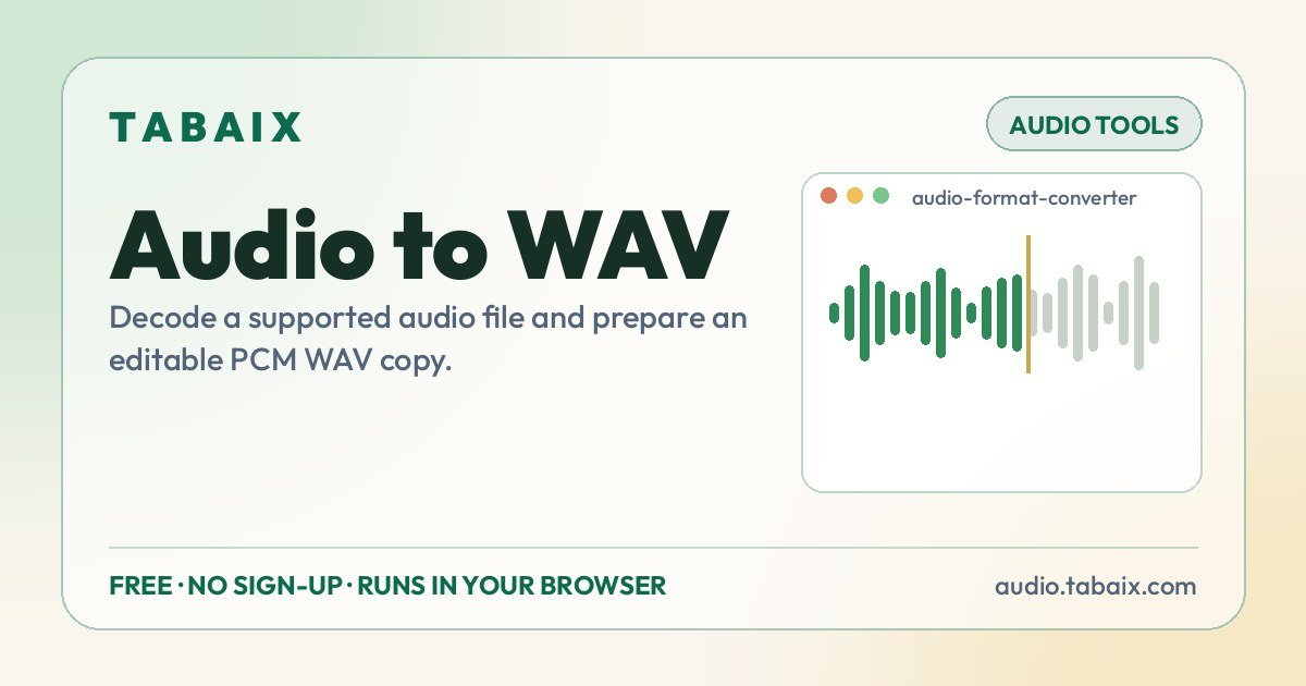 Audio to WAV — free online tool. Decode a supported audio file and prepare an editable PCM WAV copy.