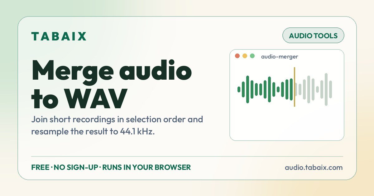 Merge audio to WAV — free online tool. Join short recordings in selection order and resample the result to 44.1 kHz.