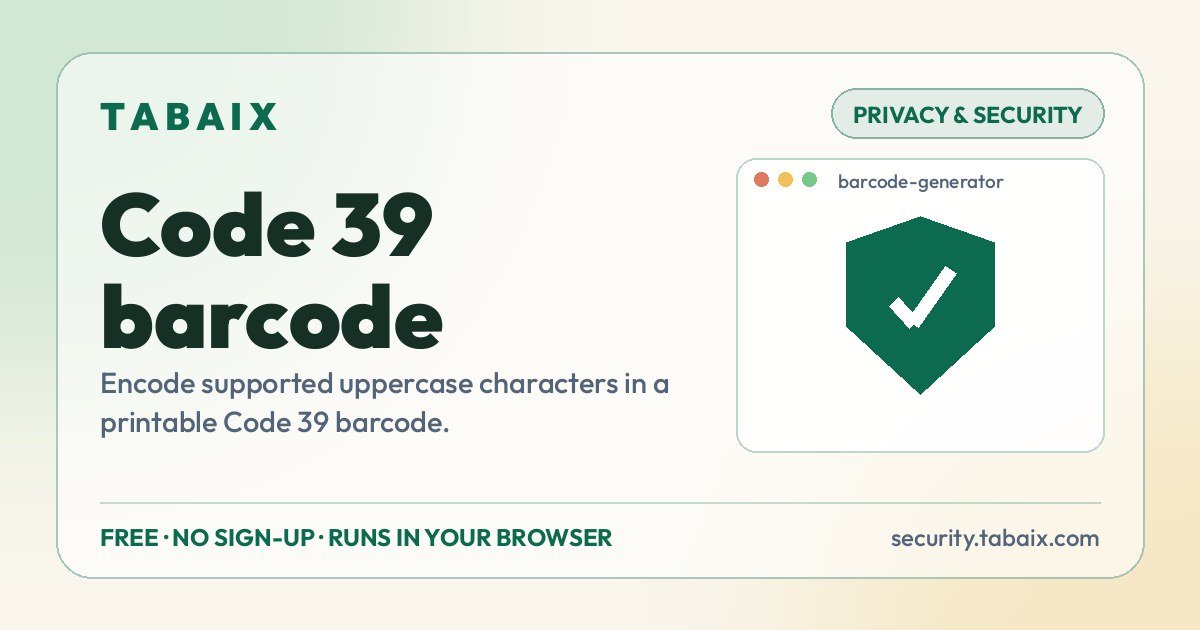 Code 39 barcode — free online tool. Encode supported uppercase characters in a printable Code 39 barcode.