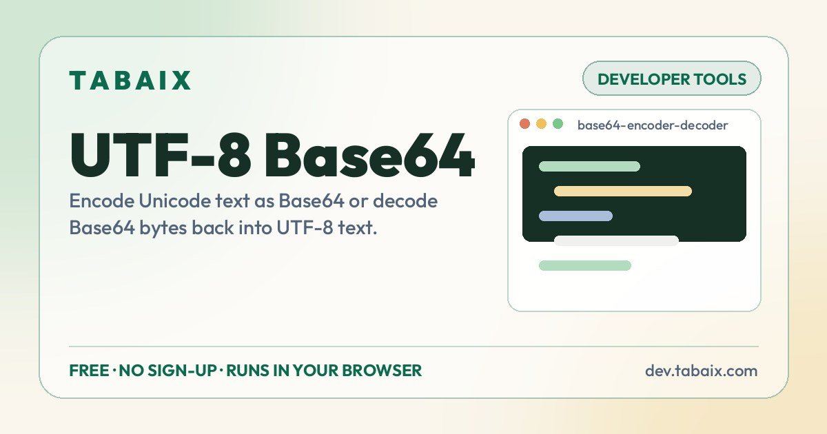 UTF-8 Base64 — free online tool. Encode Unicode text as Base64 or decode Base64 bytes back into UTF-8 text.