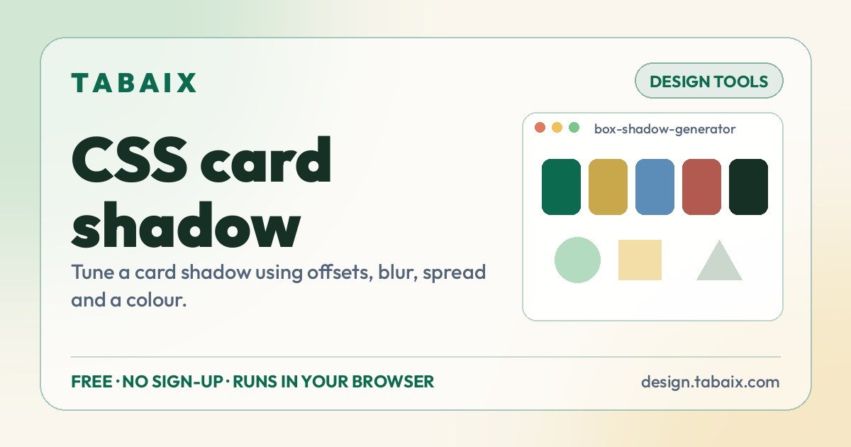 CSS card shadow — free online tool. Tune a card shadow using offsets, blur, spread and a colour.