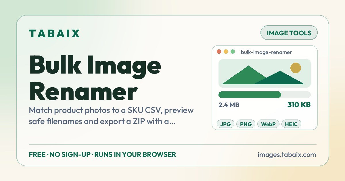 Bulk Image Renamer — free online tool. Match product photos to a SKU CSV, preview safe filenames and export a ZIP with a mapping report.