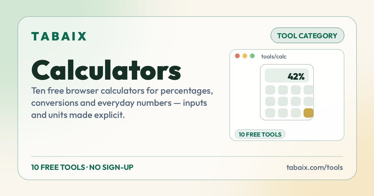Calculators — Ten free browser calculators for percentages, conversions and everyday numbers — inputs and units made explicit.