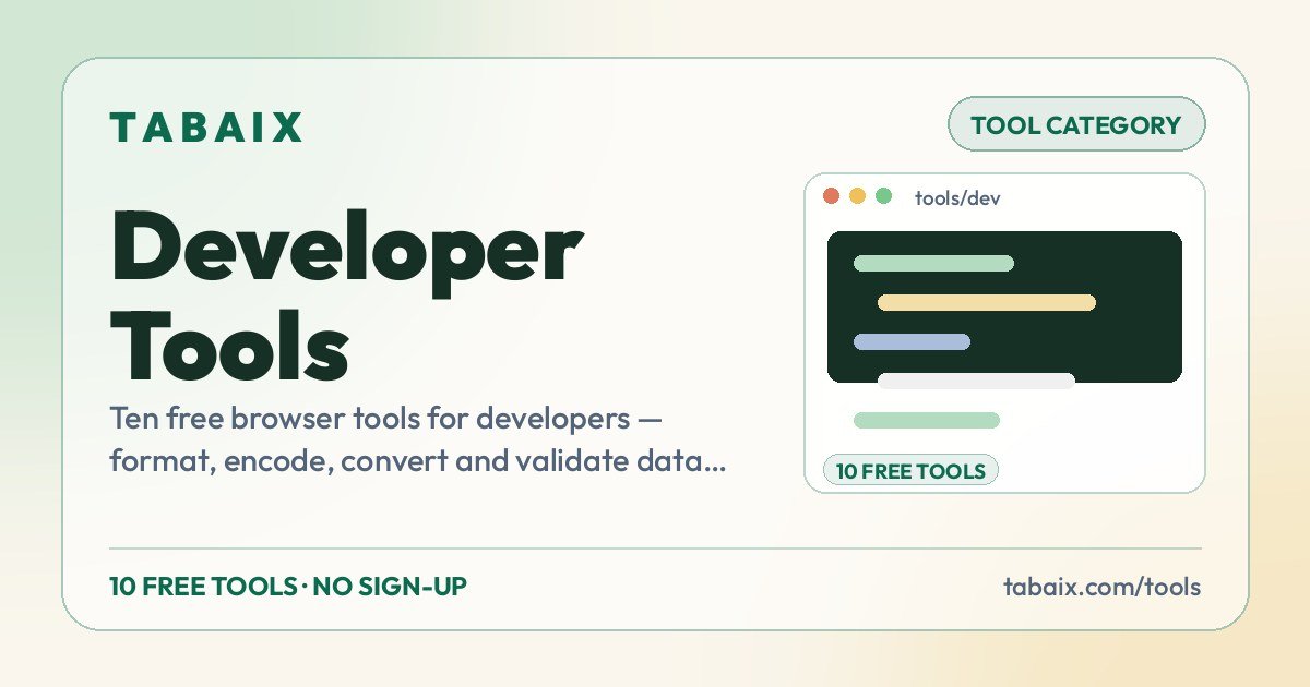 Developer Tools — Ten free browser tools for developers — format, encode, convert and validate data with strict input rules.