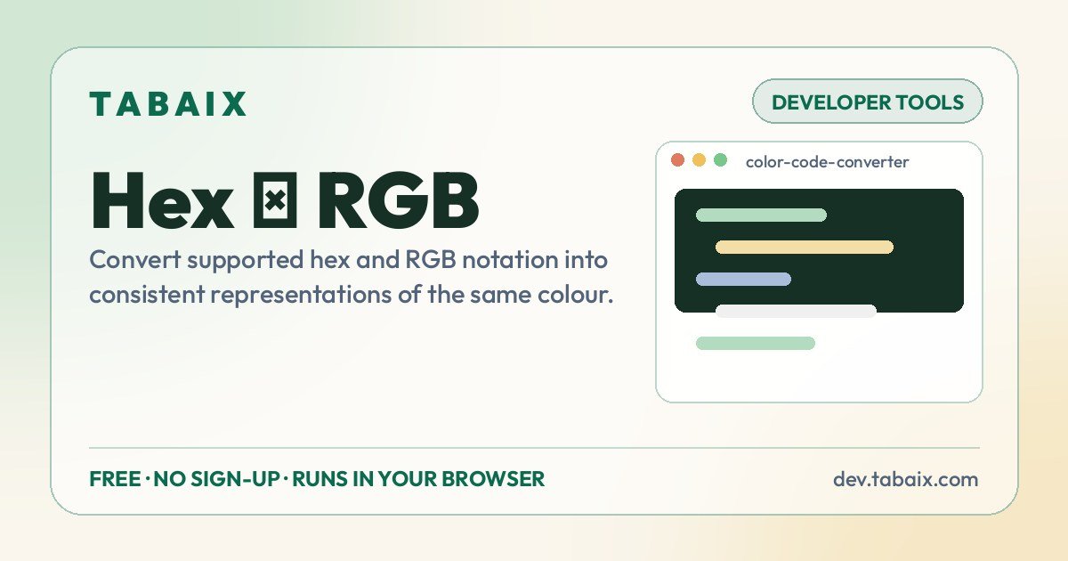 Hex ↔ RGB — free online tool. Convert supported hex and RGB notation into consistent representations of the same colour.