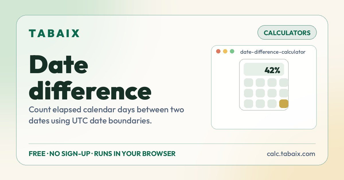 Date difference — free online tool. Count elapsed calendar days between two dates using UTC date boundaries.