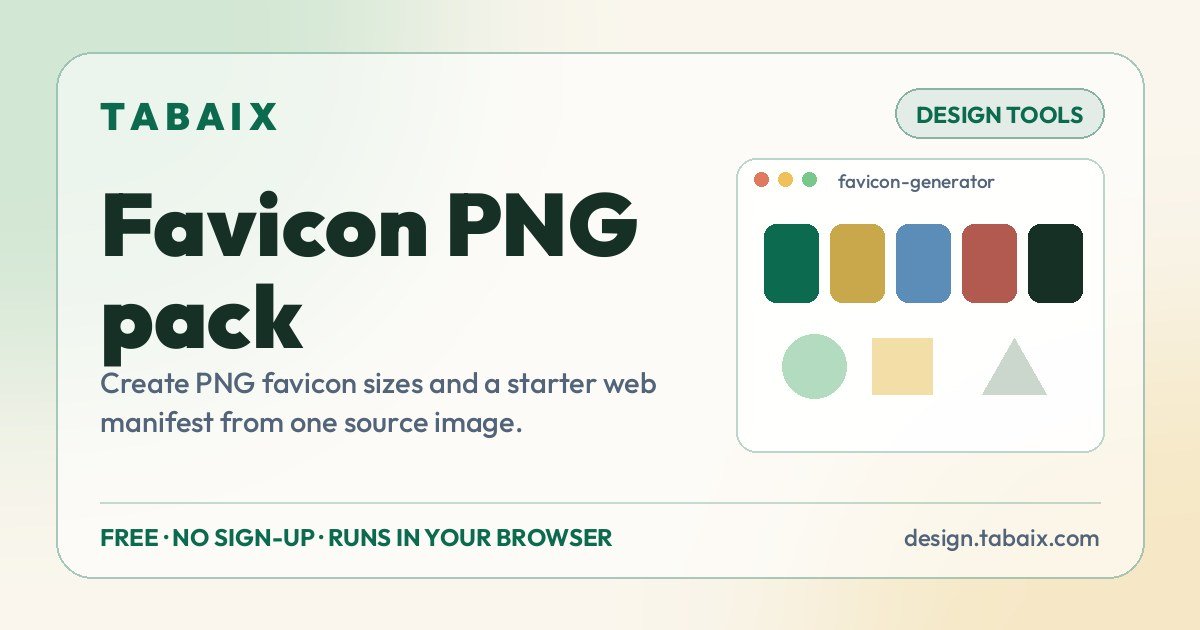Favicon PNG pack — free online tool. Create PNG favicon sizes and a starter web manifest from one source image.