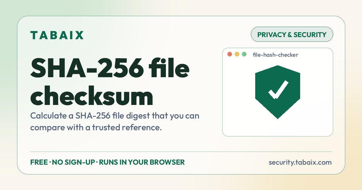 SHA-256 file checksum — free online tool. Calculate a SHA-256 file digest that you can compare with a trusted reference.