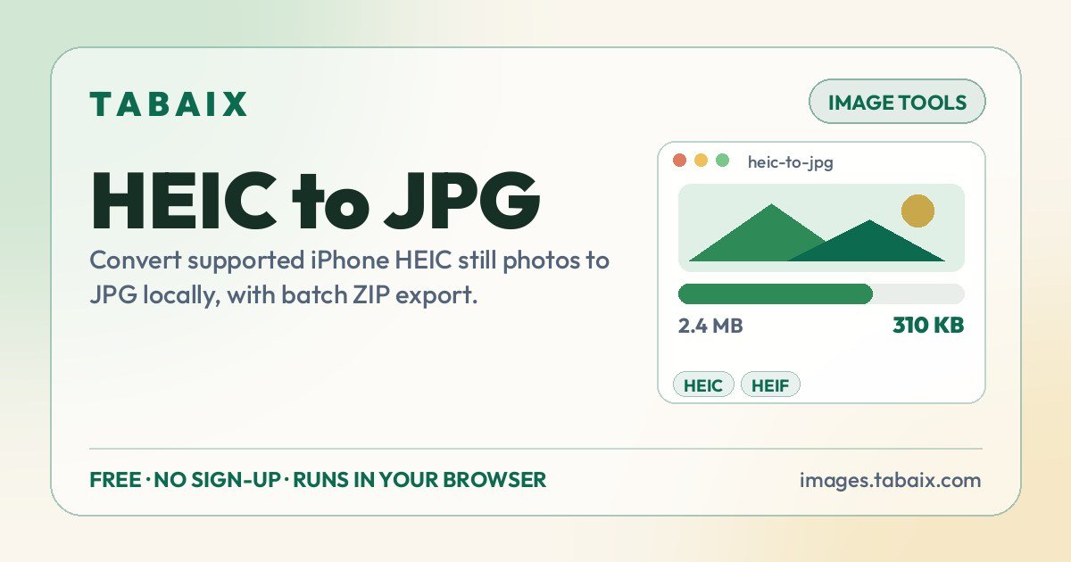 HEIC to JPG — free online tool. Convert supported iPhone HEIC still photos to JPG locally, with batch ZIP export.