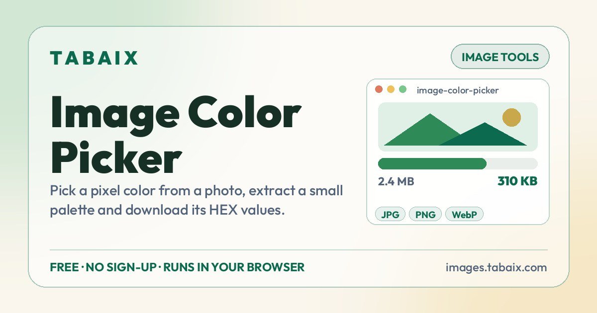 Image Color Picker — free online tool. Pick a pixel color from a photo, extract a small palette and download its HEX values.
