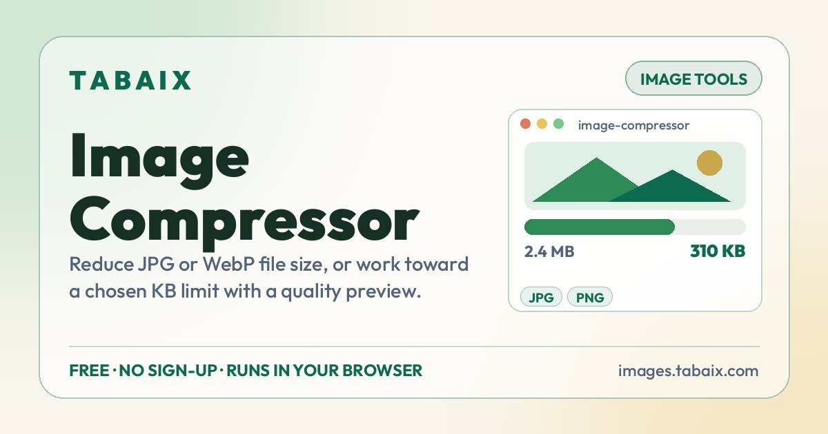 Image Compressor — free online tool. Reduce JPG or WebP file size, or work toward a chosen KB limit with a quality preview.
