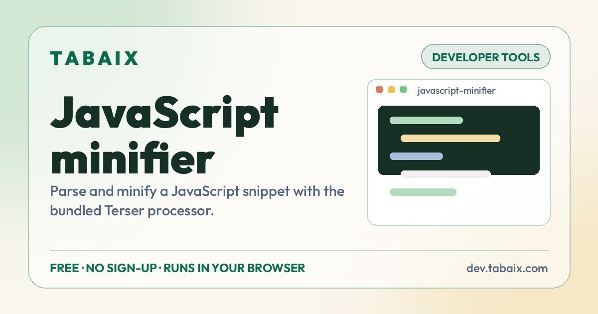 JavaScript minifier — free online tool. Parse and minify a JavaScript snippet with the bundled Terser processor.