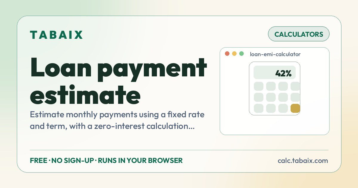 Loan payment estimate — free online tool. Estimate monthly payments using a fixed rate and term, with a zero-interest calculation when applicable.