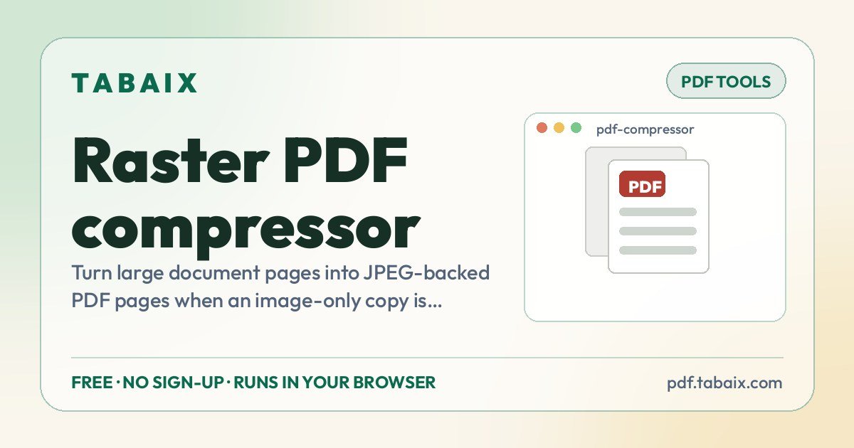 Raster PDF compressor — free online tool. Turn large document pages into JPEG-backed PDF pages when an image-only copy is acceptable.