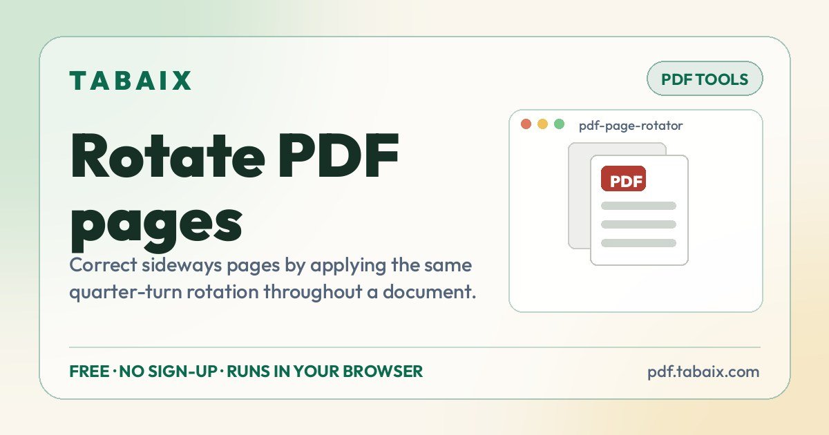Rotate PDF pages — free online tool. Correct sideways pages by applying the same quarter-turn rotation throughout a document.