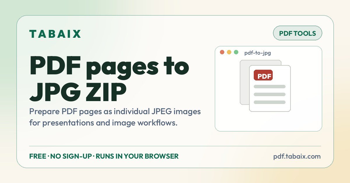 PDF pages to JPG ZIP — free online tool. Prepare PDF pages as individual JPEG images for presentations and image workflows.