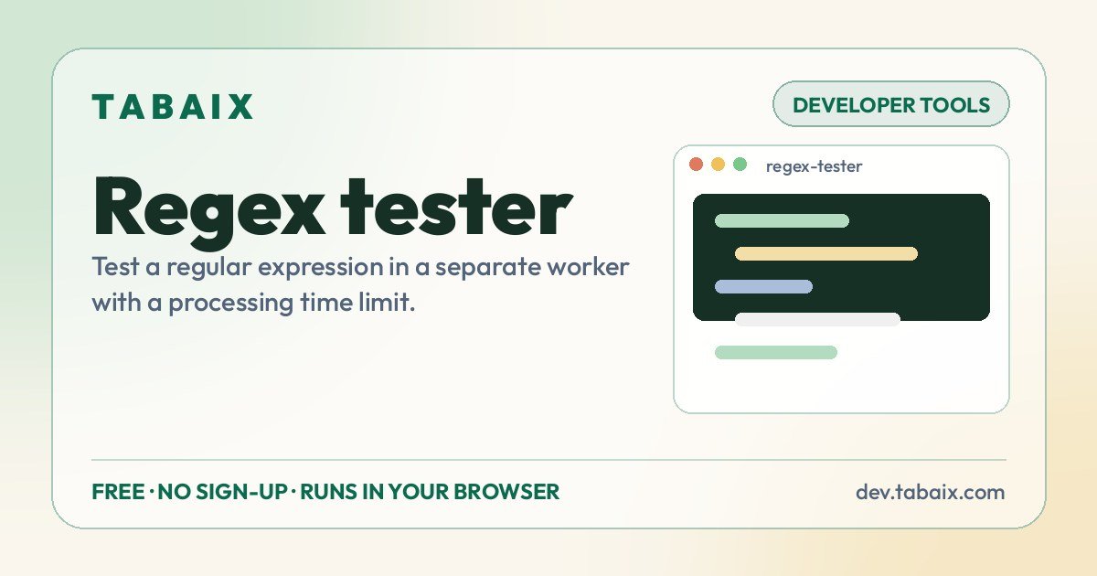 Regex tester — free online tool. Test a regular expression in a separate worker with a processing time limit.