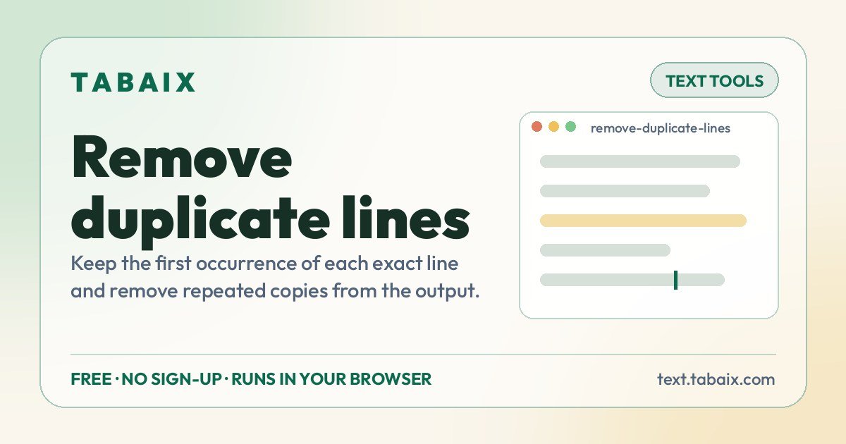 Remove duplicate lines — free online tool. Keep the first occurrence of each exact line and remove repeated copies from the output.