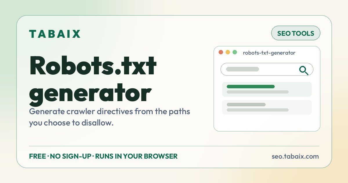 Robots.txt generator — free online tool. Generate crawler directives from the paths you choose to disallow.