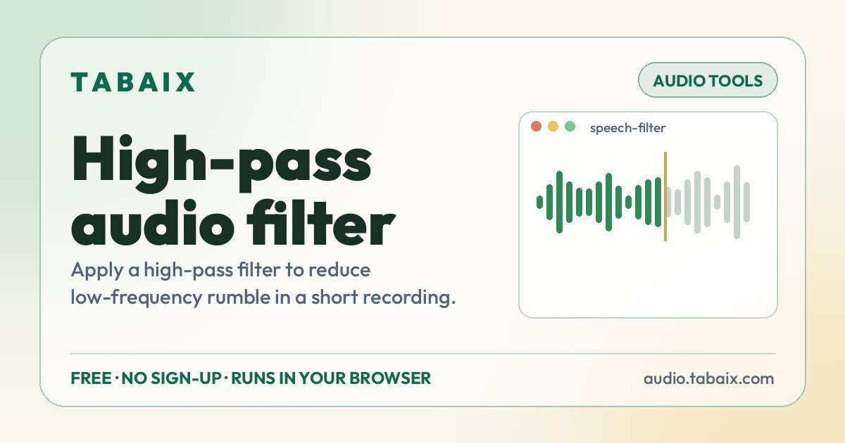 High-pass audio filter — free online tool. Apply a high-pass filter to reduce low-frequency rumble in a short recording.
