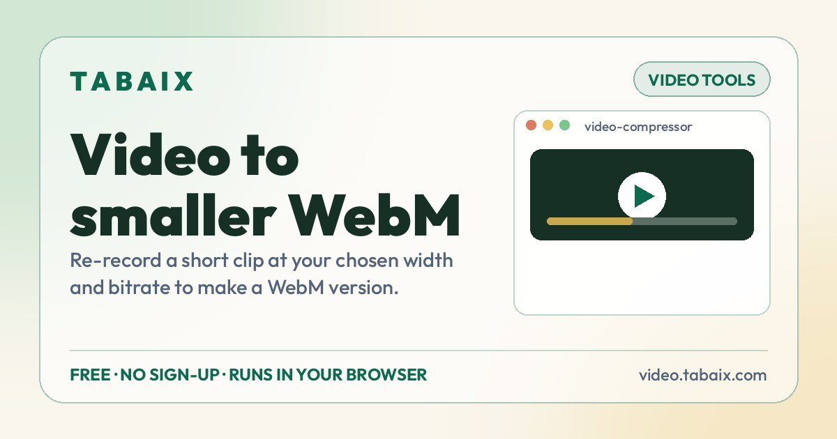 Video to smaller WebM — free online tool. Re-record a short clip at your chosen width and bitrate to make a WebM version.