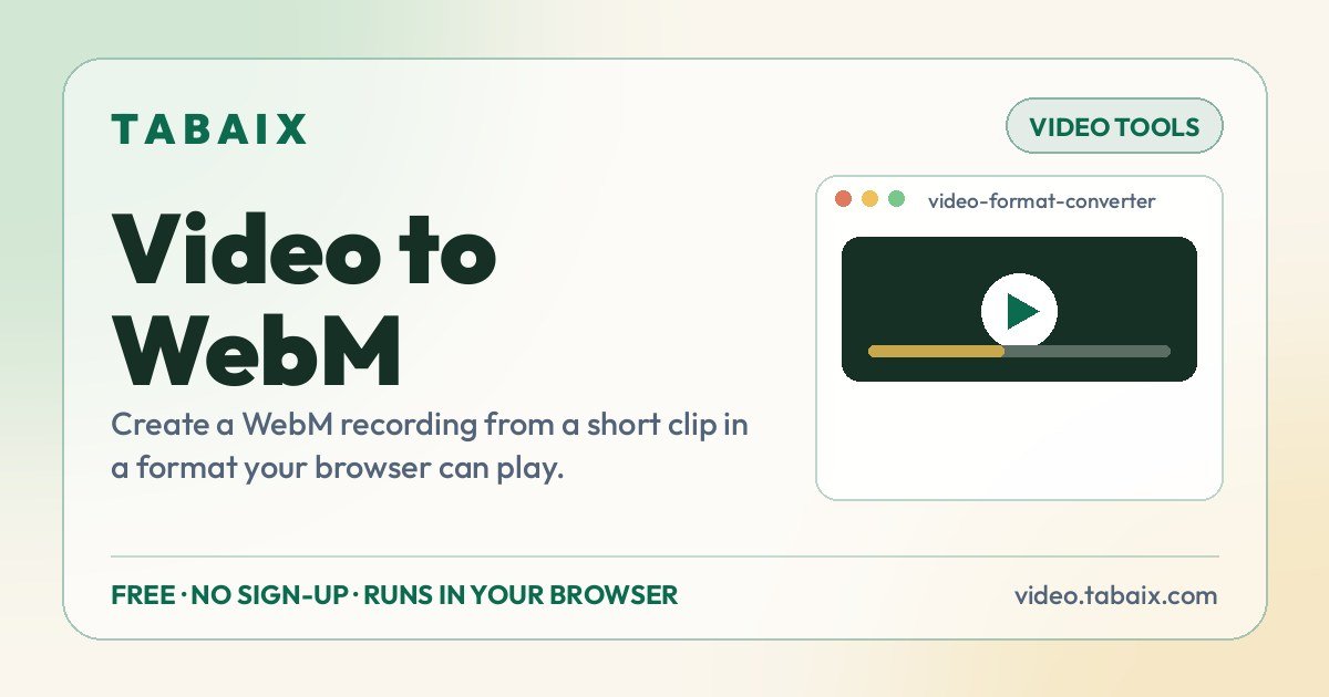 Video to WebM — free online tool. Create a WebM recording from a short clip in a format your browser can play.