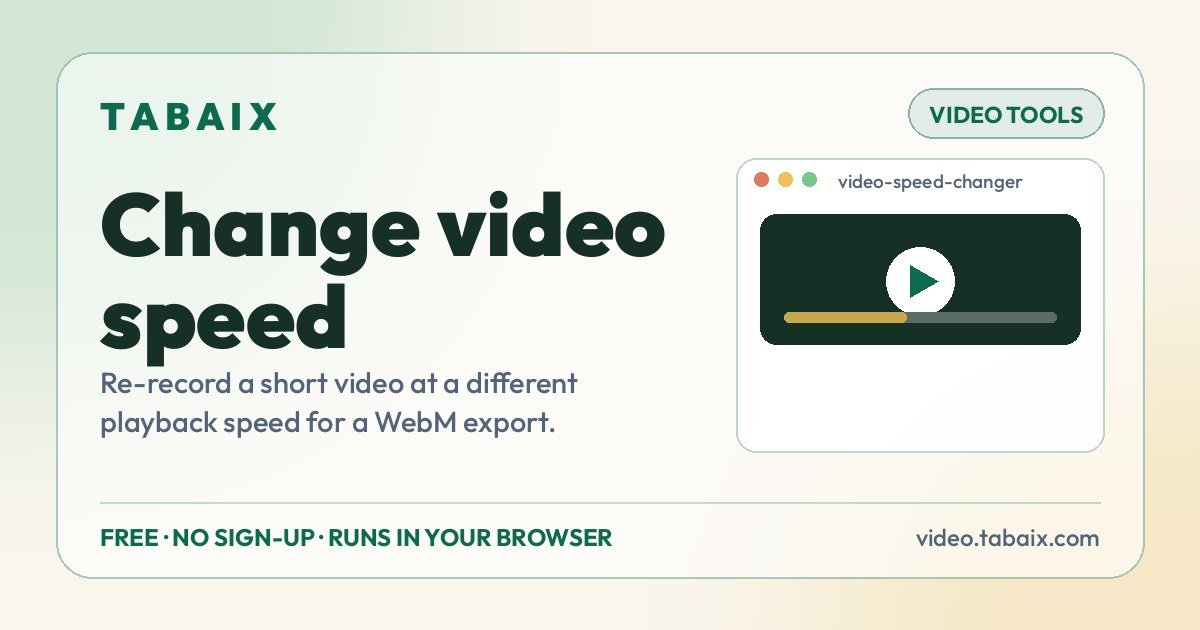 Change video speed — free online tool. Re-record a short video at a different playback speed for a WebM export.